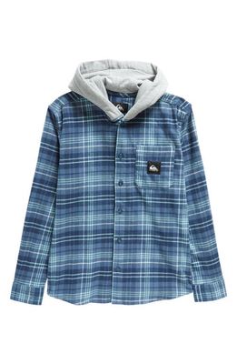 Quiksilver Kids' Haldon Plaid Long Sleeve Hooded Button-Up Shirt in Bering Sea