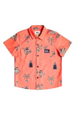 Quiksilver Kids' Nono Surfday Print Short Sleeve Cotton Button-Up Shirt in Salmon