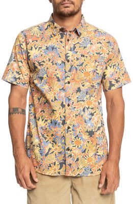 Quiksilver Surfadelica Floral Short Sleeve Hemp & Cotton Button-Up Shirt in Dark Slate