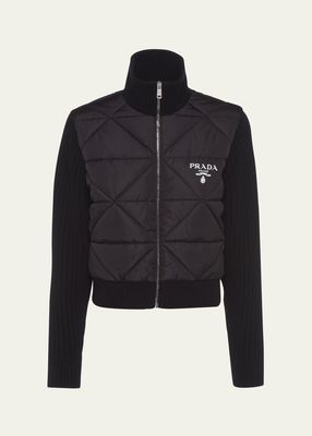 Quilted Nylon Zip-Up Jacket with Wool Sleeves
