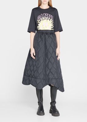Quilted Pull-On Midi Skirt with Wavy Hem