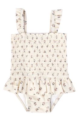 QUINCY MAE Floral Smocked Ruffle One-Piece Swimsuit in Ivory