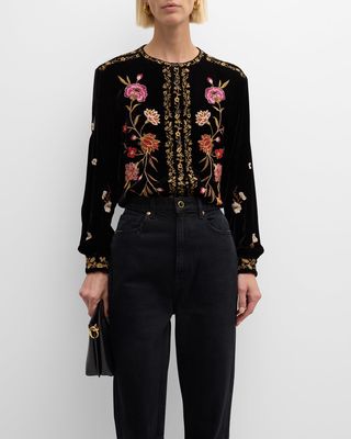 Quinn Floral-Embroidered Velvet Shirt