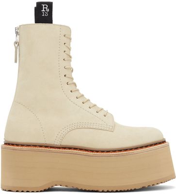 R13 Beige Suede Double Stack Lace-Up Boots