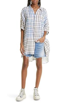 R13 Boxy High-Low Cotton Gauze Shirtdress in Bleached Light Blue Plaid