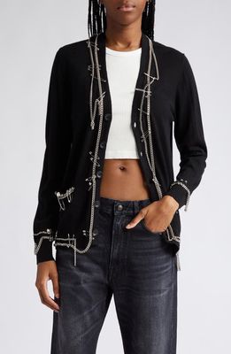 R13 Chain Embellished Merino Wool Cardigan in Black