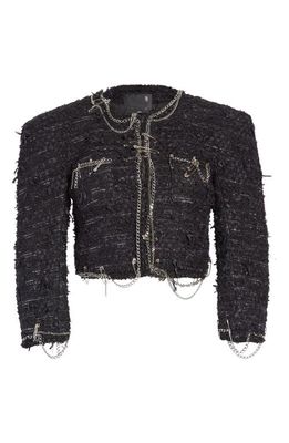 R13 Chain Embellished Square Shoulder Tweed Crop Jacket in Black Tweed