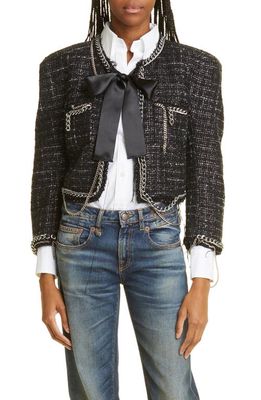R13 Chain Embellished Square Shoulder Tweed Crop Jacket in Black