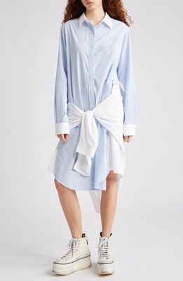 R13 Colorblock Knotted Overlay Long Sleeve Cotton Shirtdress in Blue Eoe W/White