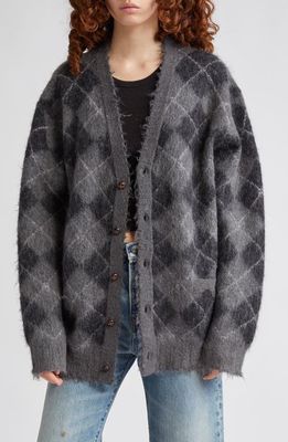 R13 Distressed Argyle Oversize Merino Wool & Mohair Blend Cardigan in Charcoal W/Black Argyle Plaid