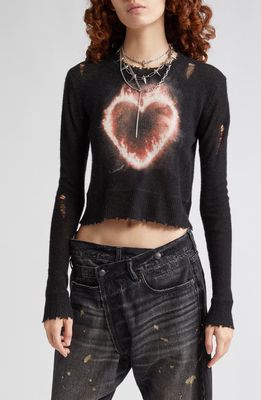 R13 Distressed Flaming Heart Cashmere Crop Sweater in Flaming Heart On Black