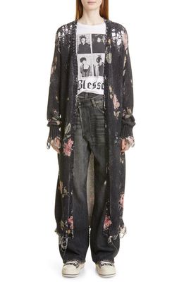 R13 Distressed Floral Long Cotton Cardigan in Floral On Black