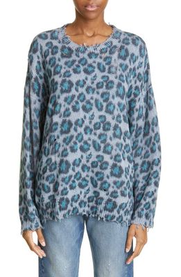 R13 Distressed Leopard Oversize Cotton Sweater in Blue Leopard