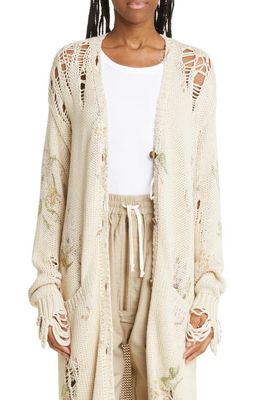 R13 Distressed Longline Floral Pattern Cardigan in Floral On Khaki
