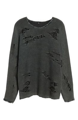 R13 Distressed Oversize Cotton Crewneck Sweater in Acid Black