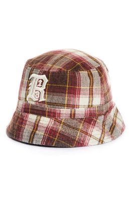 R13 Embroidered Logo Plaid Flannel Bucket Hat in Ecru/Maroon Plaid