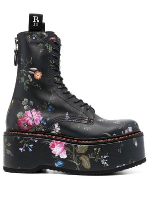 R13 floral print platform lace-up boots - Black