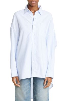 R13 High-Low Cotton Button-Up Shirt in Blue Stripe