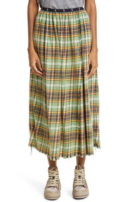 R13 Kilt Frayed Plaid Slub Cotton Midi Skirt in Green Plaid