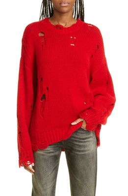 R13 Oversize Distressed Cashmere Sweater in Red Cashmere
