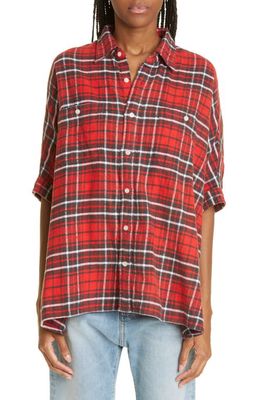R13 Oversize Plaid Cotton Button-Up Shirt in Red Plaid