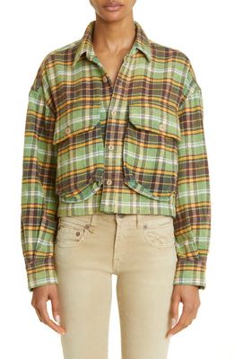 R13 Oversize Plaid Cotton Flannel Crop Button-Up Shirt in Green Plaid