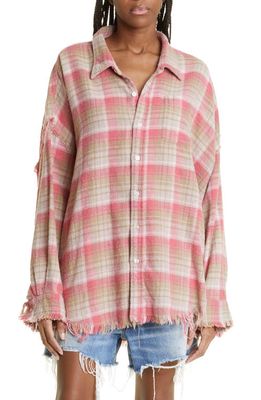 R13 Oversize Shredded Seam Cotton Flannel Button-Up Shirt in Overdyed Lt Pink Plaid