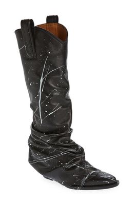 R13 Paint Spatter Sleeve Western Boot in Black Leather W/white Paint