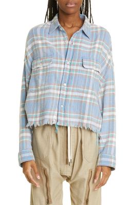 R13 Plaid Cotton Flannel Crop Work Shirt in Blue/Green Plaid