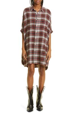 R13 Plaid Oversize Boxy Cotton Flannel Shirtdress in Red/Ecru Plaid
