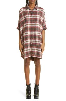 R13 Plaid Oversize Cotton Flannel Shirtdress in Ecru/Maroon Plaid