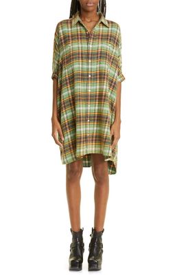 R13 Plaid Oversize Cotton Flannel Shirtdress in Green Plaid