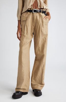 R13 Pleated Wide Leg Linen Blend Trousers in Khaki