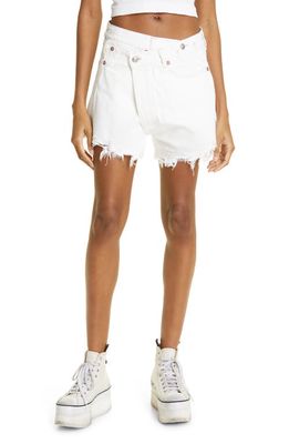 R13 Shredded Crossover Denim Shorts in Nico White