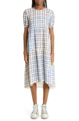 R13 Shredded Relaxed Plaid Tiered Midi Dress in Bleached Light Blue Plaid