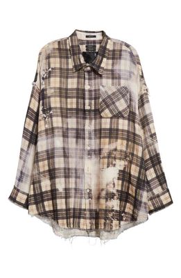 R13 Shredded Seam Bleached Plaid Oversize Cotton Flannel Button-Up Shirt in Bleached Black/Beige Plaid