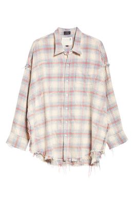 R13 Shredded Seam Drop Neck Oversize Plaid Cotton Button-Up Shirt in Irregular Bleach