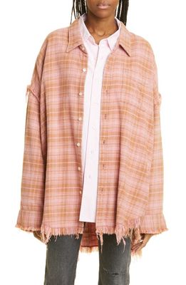 R13 Shredded Seam Plaid Oversize Cotton Flannel Button-Up Shirt in Bleach And Overdye Pink