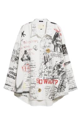 R13 Sketchbook Drop Neck Oversize Cotton Button-Up SHirt in Doodles On White