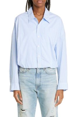 R13 Stripe Gathered Hem Crop Stretch Cotton Button-Up Shirt in Light Blue Medium Stripe