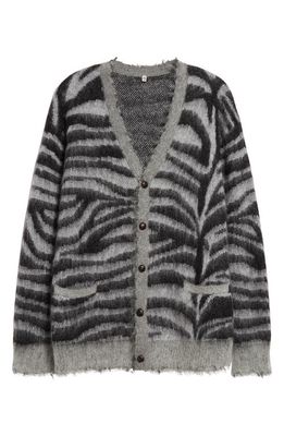 R13 Zebra Stripe Distressed Wool & Mohair Blend V-Neck Cardigan in Zebra Jacquard