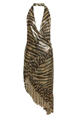 Rabanne Asymmetric Tiger Stripe Halter Dress in Light Gold Tiger