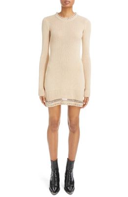 Rabanne Beaded Long Sleeve Cotton Crochet Minidress in Shiny Beige