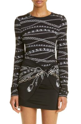 Rabanne Chain Print Long Sleeve Jersey Top in Silver Punk Chain