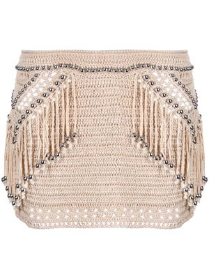 Rabanne embellished fringed crochet miniskirt - Brown