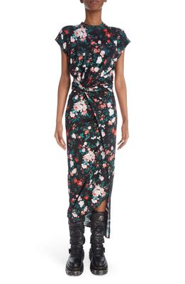 Rabanne Floral Cap Sleeve Midi Dress in Black Rose Garden