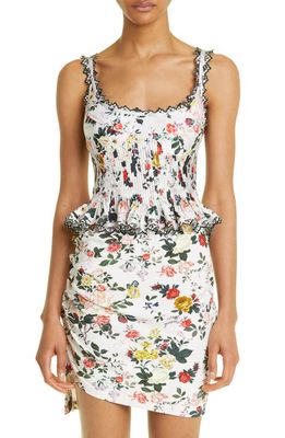 Rabanne Floral Print Pleated Bustier Peplum Top in Ivory Rose Garden