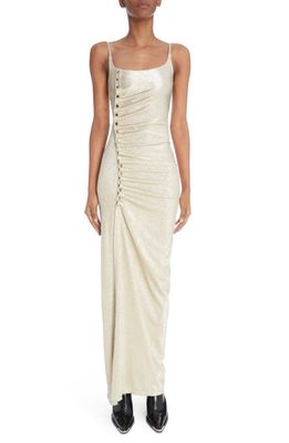 Rabanne Metalllic Side Ruched Gown in Silver/Gold