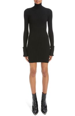 Rabanne Rib Long Sleeve Turtleneck Wool Blend Sweater Dress in Black