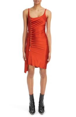 Rabanne Ruched Asymmetric Side Snap Sleeveless Stretch Satin Dress in P823 Paprika